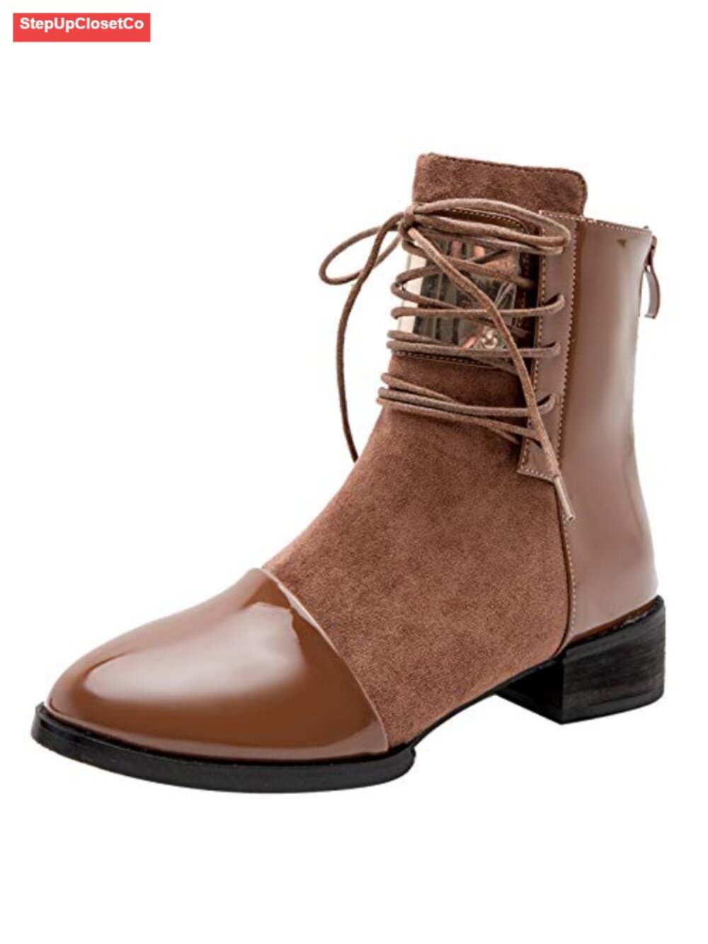 Punk Metal Cap Toe Chunky Heel Zip Ankle Boots Patent PU Fluff Lined Chukka